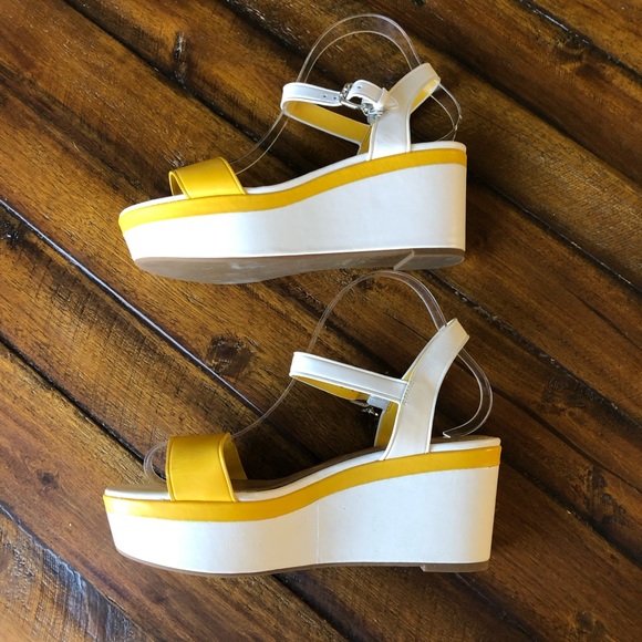 Coach Yellow White Open Toe Leather Wedge Sandals - Picture 3 of 8